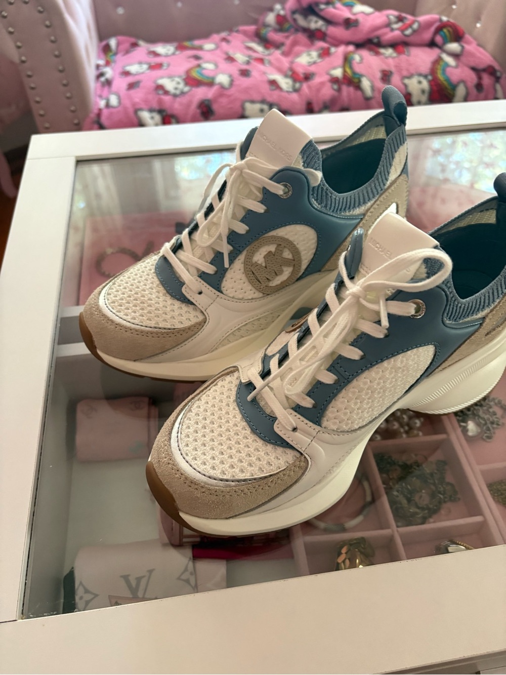 Michael Kors White, Blue & Beige Women's Knit-Accent Sneakers